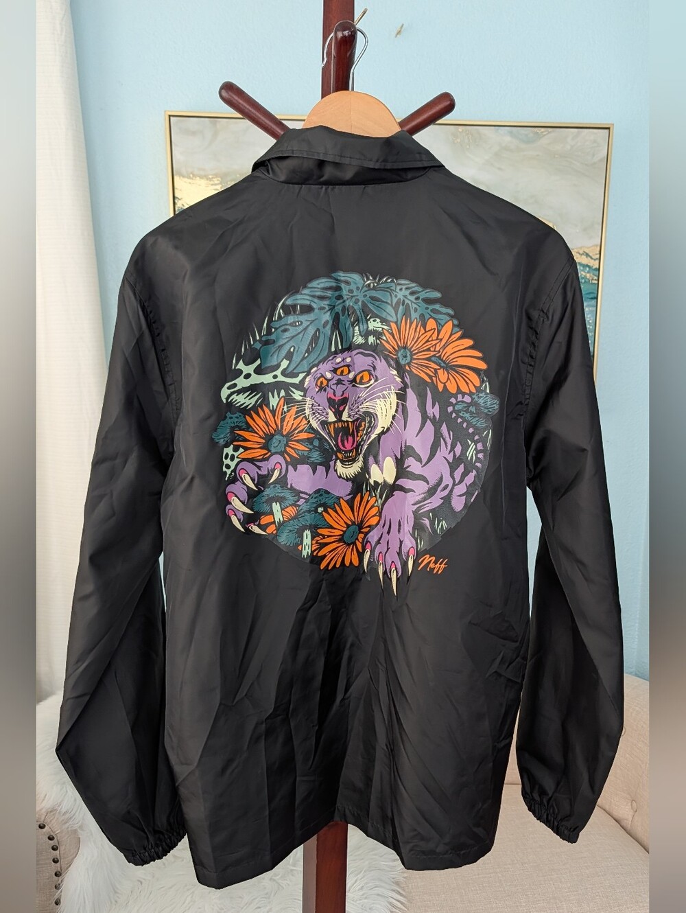 NWT Neff Black Men's Rain Jacket/ Windbreaker Eye Tiger Men Sz M. - Picture 2 of 9